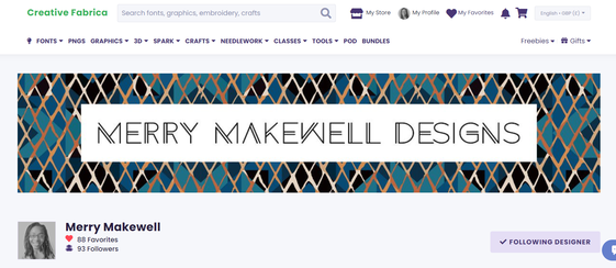 Banner for Merry Makewell Designs shop on Creative Fabrica website
